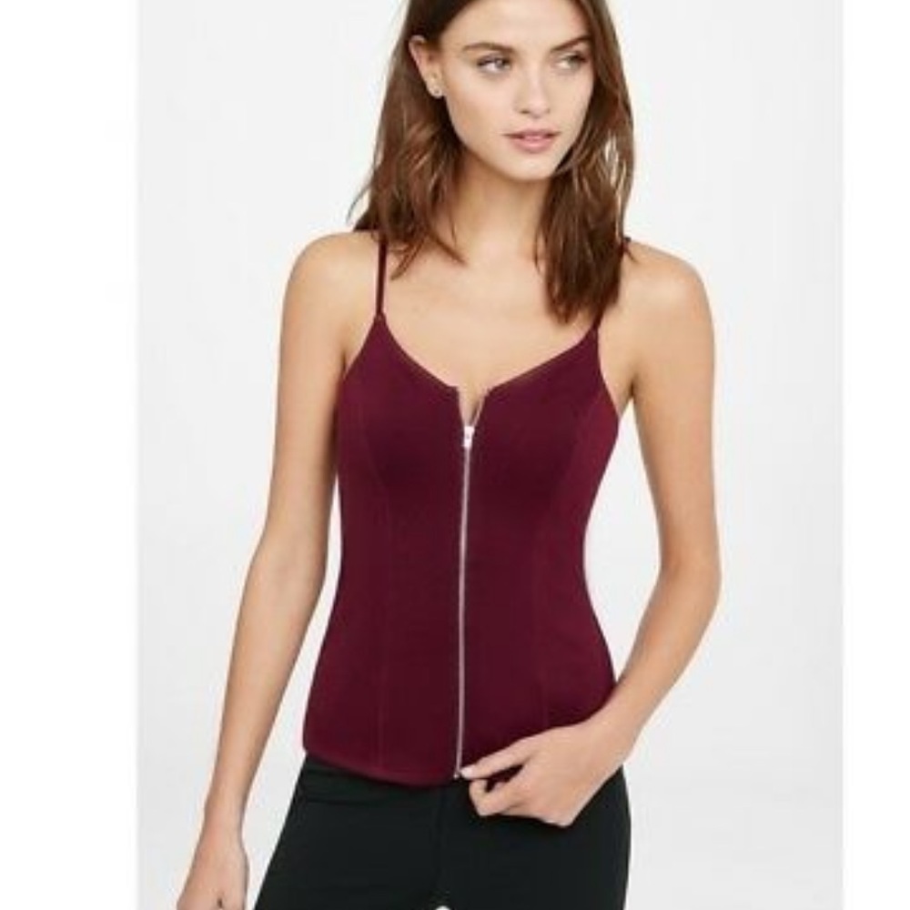 EXPRESS Wine Burgundy Dark Red Zip-Front Knit Cami Tank Top